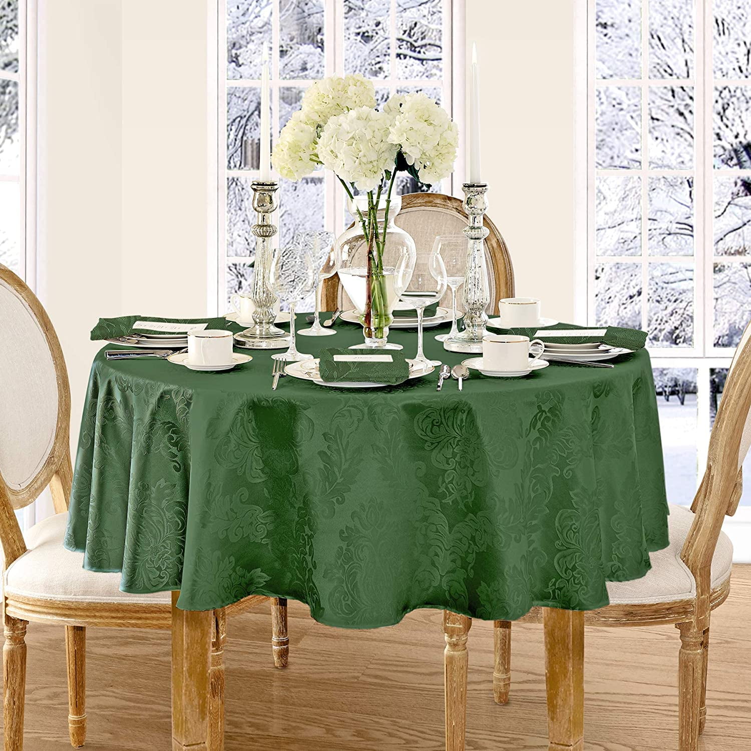 Newbridge Christmas Hunter Green Damask Barcelona Scroll 90 inch Round Fabric Tablecloth
