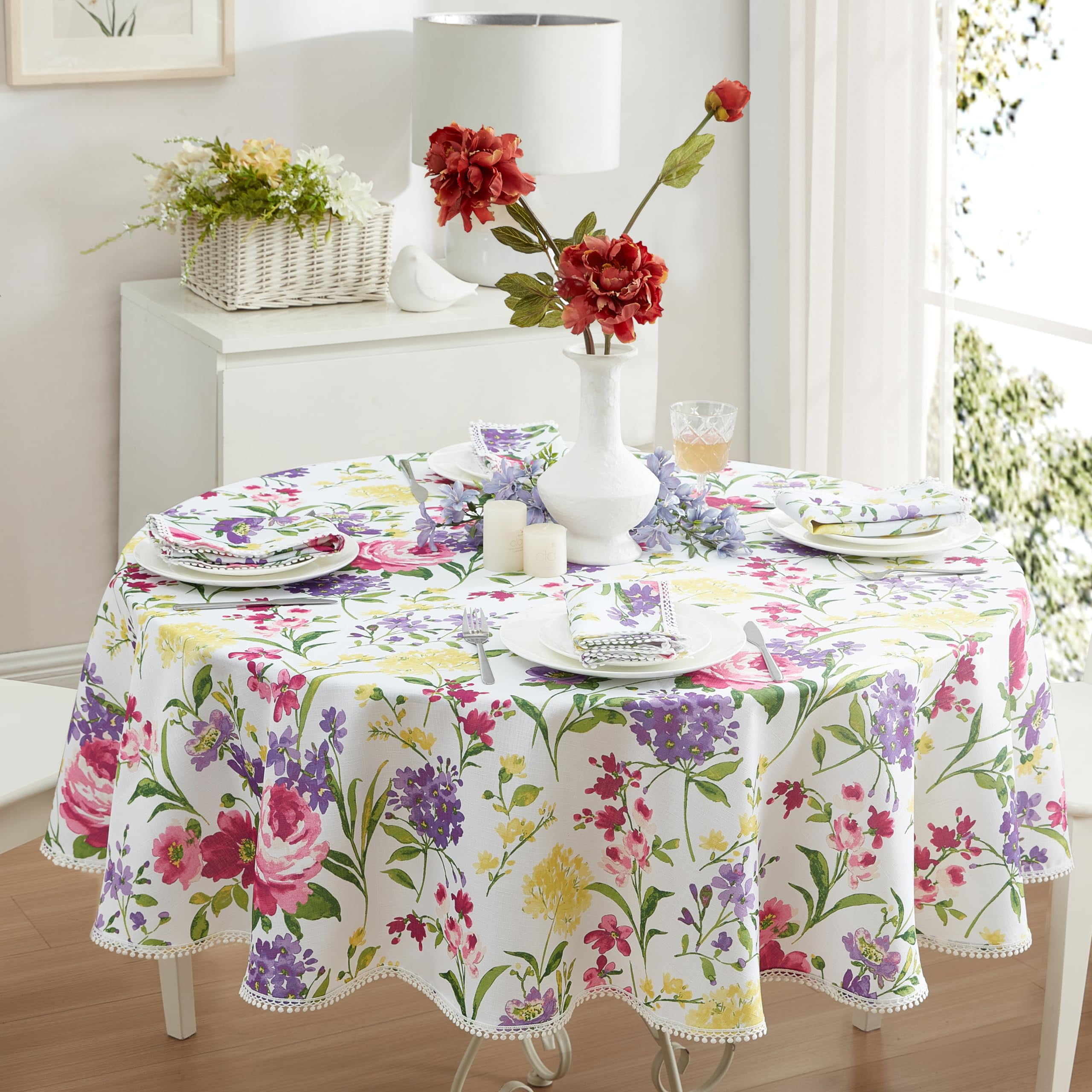 Sophia Pom Pom Floral Round Fabric Tablecloth, 70 Inch, White