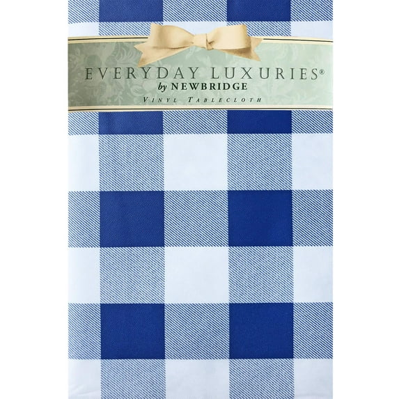 Newbridge Round Vinyl Flannel Backed Tablecloth, 70 Inch, Blue Buffalo Check, Indoor Outdoor Vinyl Waterproof Table Cloth, Cottage Gingham Print