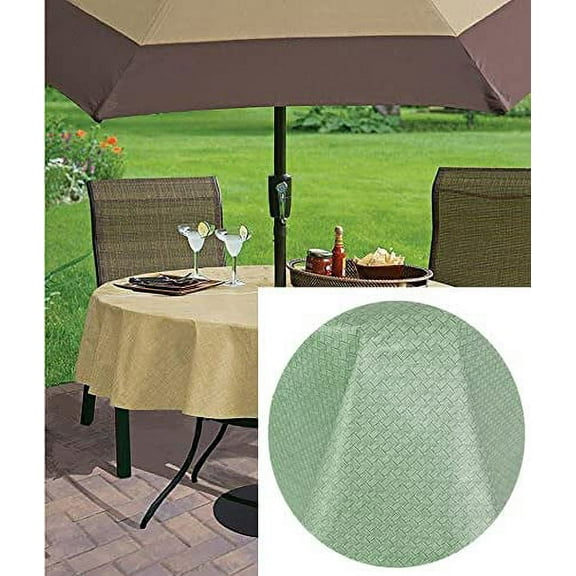 Newbridge Sage Green Basketweave 70 inch Umbrella Round Solid Vinyl Flannel Backed Dining Tablecloth