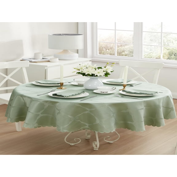 Newbridge Sage Green Ribbons and Bows Damask 60 x 84 inch Oval Fabric Tablecloth for Party