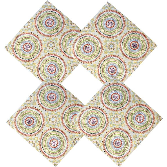 Newbridge Set of 4 Square Fabric Napkins, Coral and Green Circle Stitch, Indoor Outdoor No Iron Soil Resistant Dining Room, Party and Banquet Napkins, Modern Boho Chic Print