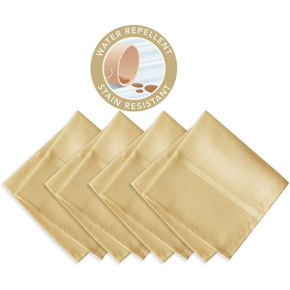 Newbridge Set of 4 Square Fabric Napkins, Elegance Plaid, 100% Polyester, No Iron Soil Resistant Dining Room, Party and Banquet Napkins, Solid Textured, Ribbon Gold