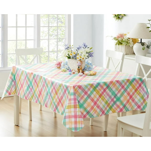 Newbridge Simone Easter Pastel Plaid 60 x 120 inch Rectangle Vinyl Easter Flannel Backed Tablecloth