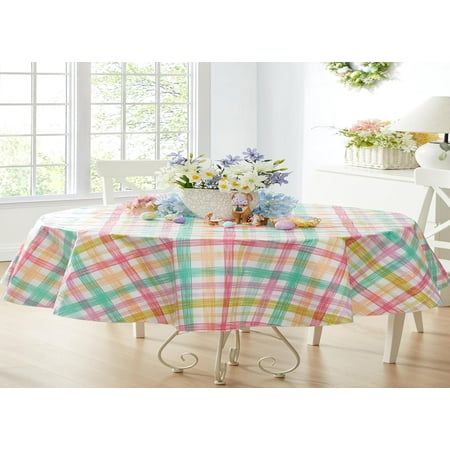 Newbridge Simone Easter Pastel Plaid 60 x 84 inch Oval Vinyl Easter Flannel Backed Tablecloth