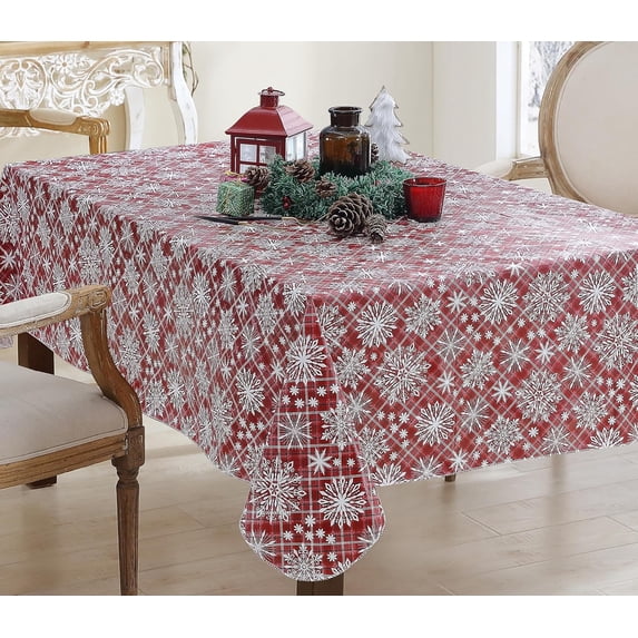 Newbridge Snowfall Snowflake Plaid Christmas Print Vinyl Flannel Backed Tablecloth, Contemporary Snowflake Design Easy Care Wipe Clean Xmas Tablecloth, 52 Inch x 52 Inch Square, Red