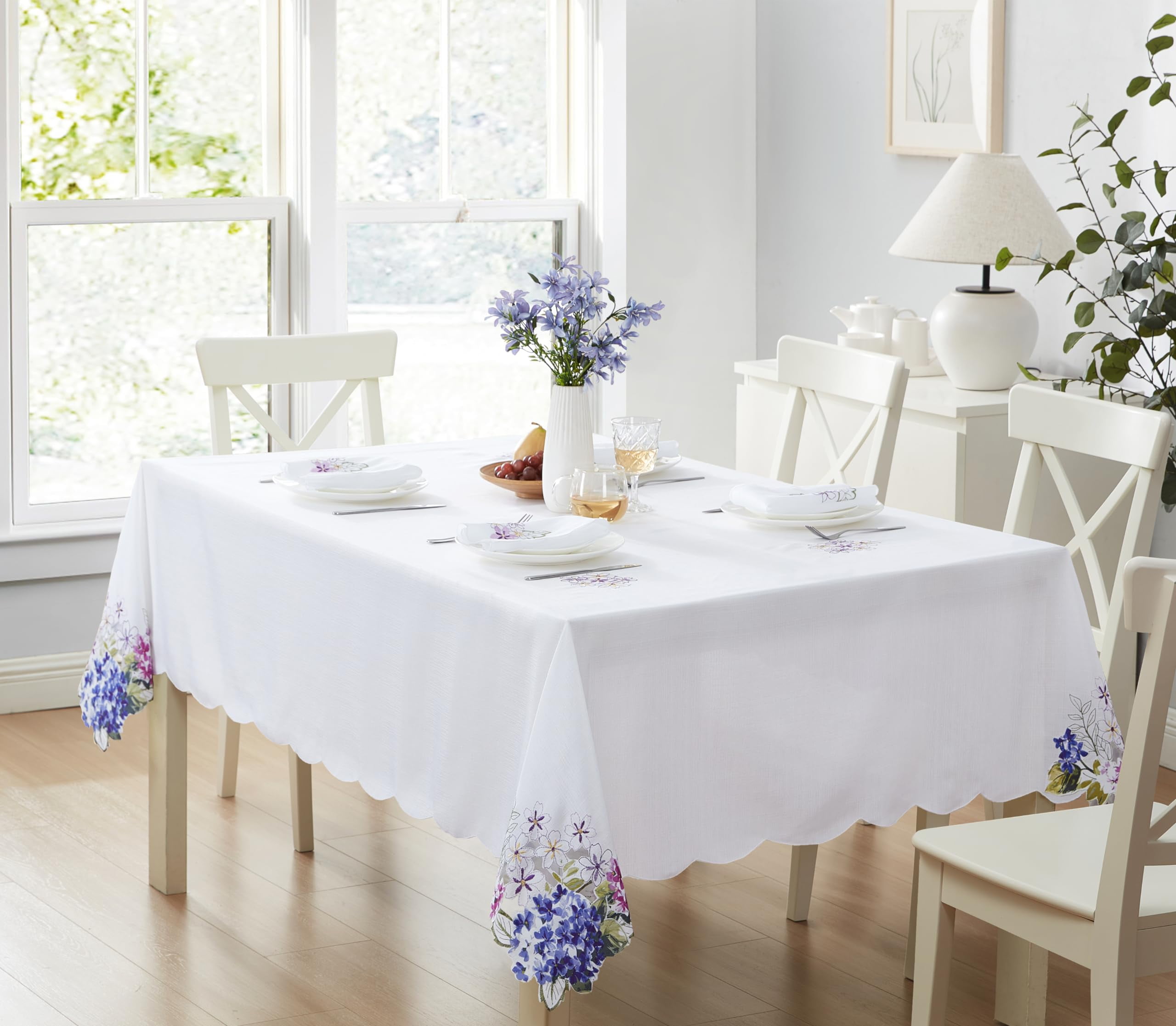 White and Purple Floral Embroidered Square Fabric Tablecloth
