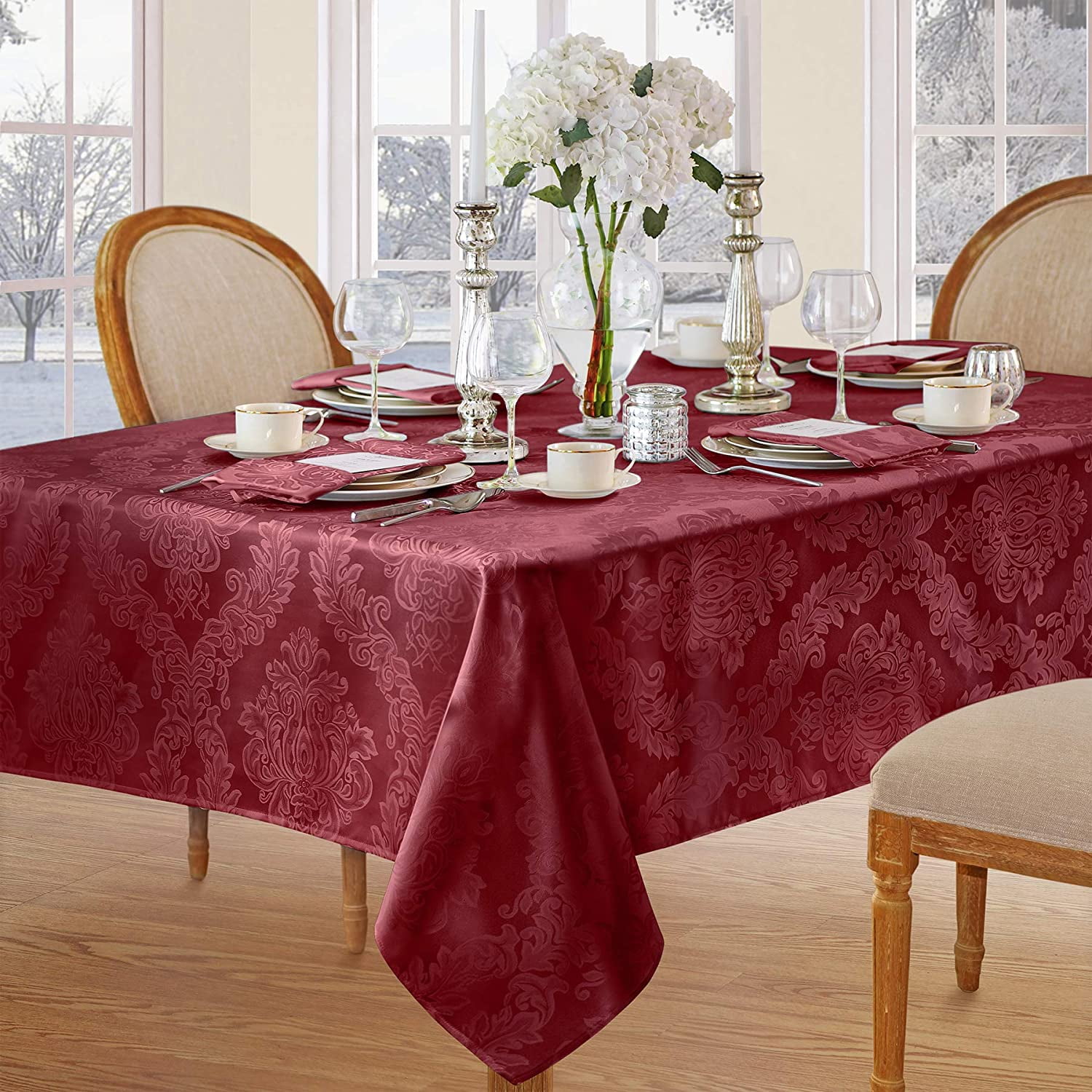 Newbridge Burgundy Damask Barcelona Scroll 52 x 52 inch Square Fabric Holiday Dining Tablecloth