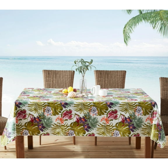 Newbridge Square Flannel Backed Tablecloth, 52 x 52 Inch, Kona Tropical Floral, Waterproof Vinyl Outdoor Patio Table Cloth, Rain Forest, Hawaiian Summer