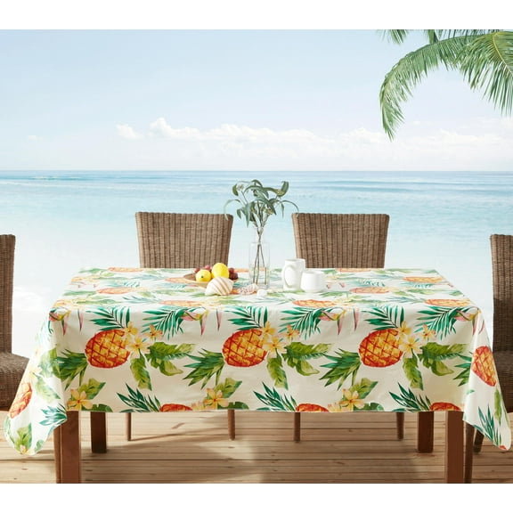 Newbridge Square Vinyl Flannel Backed Tablecloth, 52 x 52 Inch, Hawaii Tropical Palms and Pineapples