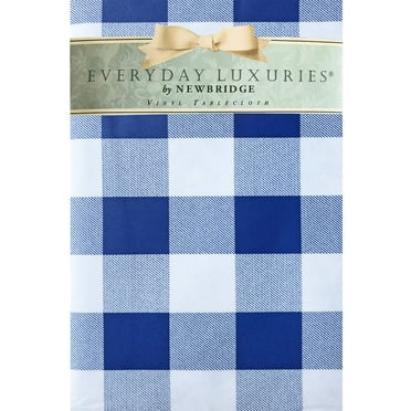Newbridge Square Vinyl Flannel Backed Tablecloth, 52 x 52 Inch, Blue Buffalo Check, Indoor Outdoor Vinyl Waterproof Table Cloth, Cottage Gingham Print