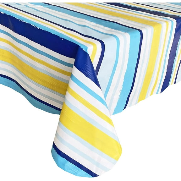 Newbridge Sun Wave Beach Stripe Flannel Back Vinyl Tablecloth - Navy, Yellow, White and Blue Wavy Striped Vinyl Indoor/Outdoor Waterproof, Patio, BBQ Tablecloth, 60 Inch x 84 Inch Oval