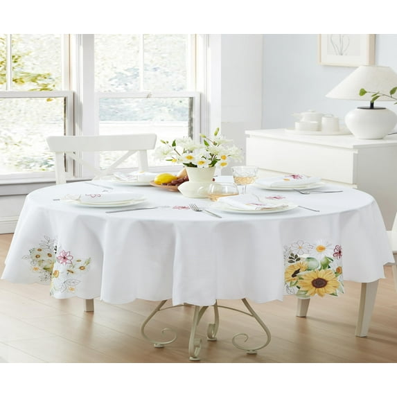 Elrene Home Fashions Sunflower and Daisies Cutwork Tablecloth, Multicolor, 60" x 84" Oval