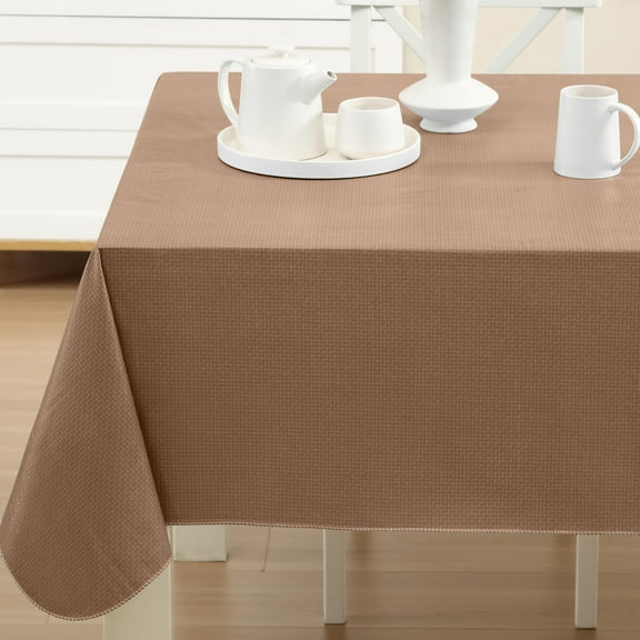Newbridge Taupe Basketweave 60 x 84 inch Rectangle Solid Vinyl Flannel Backed Dining Tablecloth