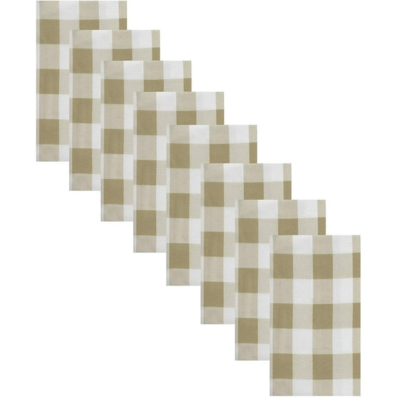 Newbridge Taupe Buffalo Cottage Check Print Fabric Napkins, Buffalo Plaid Wrinkle Free, Water and Stain Resistant Heavy Weight Napkins, Set of 8 Napkins,