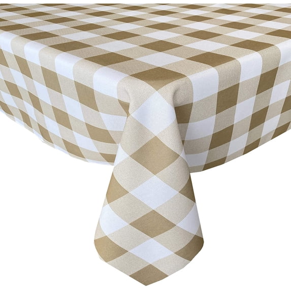 Newbridge Taupe Buffalo Cottage Check Print Fabric Tablecloth, Buffalo Plaid Wrinkle Free, Water and Stain Resistant Heavy Weight Tablecloth, 70” Round,