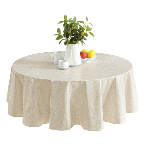Newbridge Taupe Napa Leaf Solid Color 70 inch Round Vinyl Flannel Backed Tablecloth