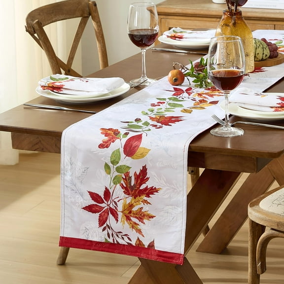 Newbridge Thanksgiving Autumnal Green and Red Flourishing Leaves 72 inch Long Fabric Table Runner