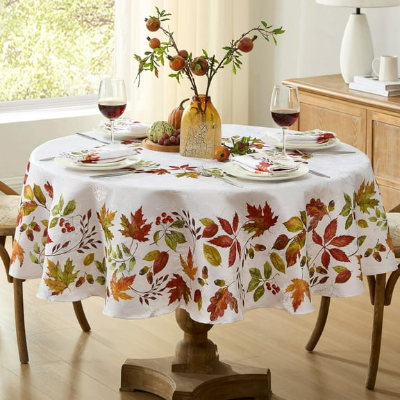 Newbridge Thanksgiving Autumnal Green and Red Flourishing Leaves 70 inch Round Fabric Dining Tablecloth