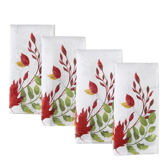 Newbridge Thanksgiving Autumnal Green and Red Flourishing Leaves Set of 4 Fabric Dining Napkins