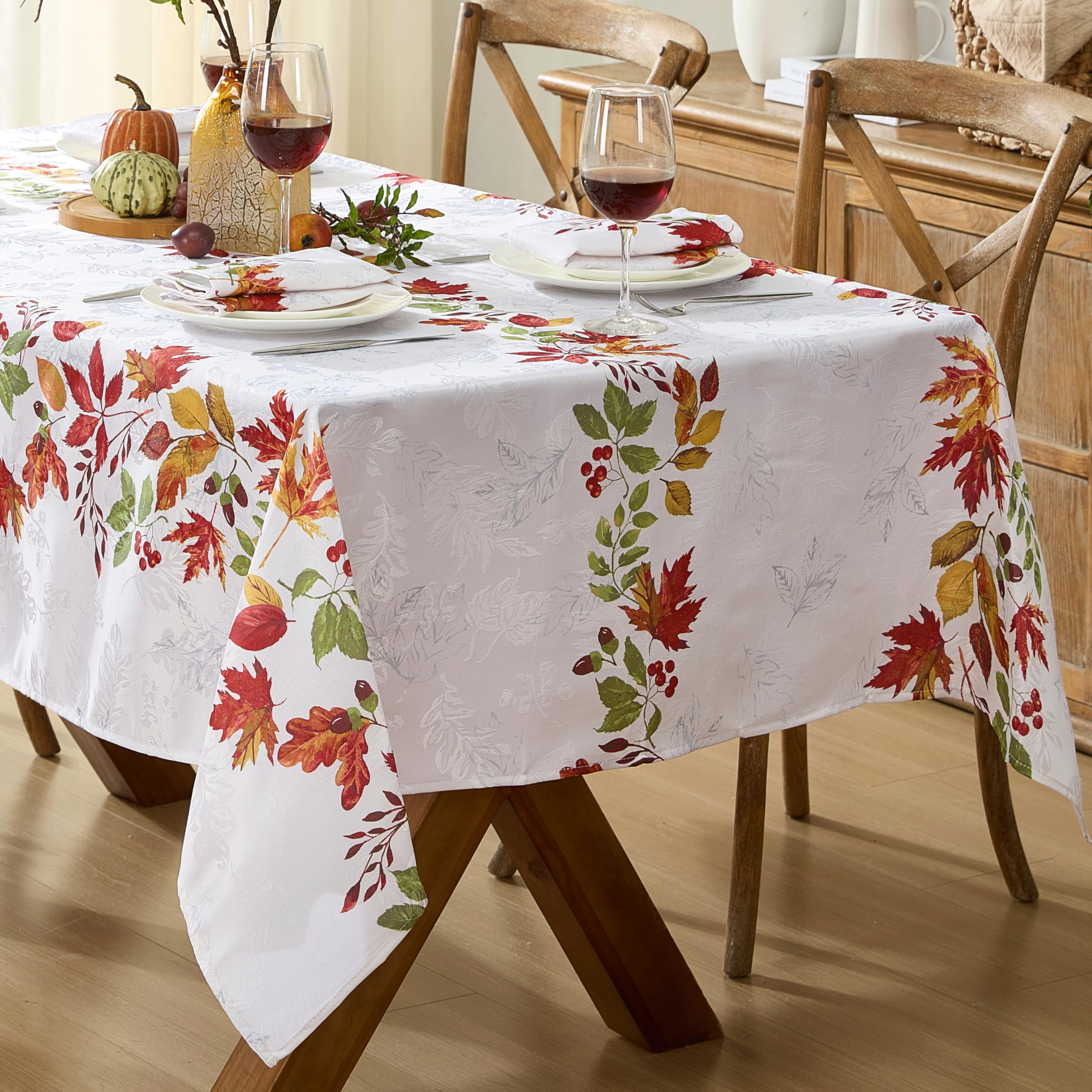 Autumn Harvest Green and Red Leaves Square Fabric Tablecloth