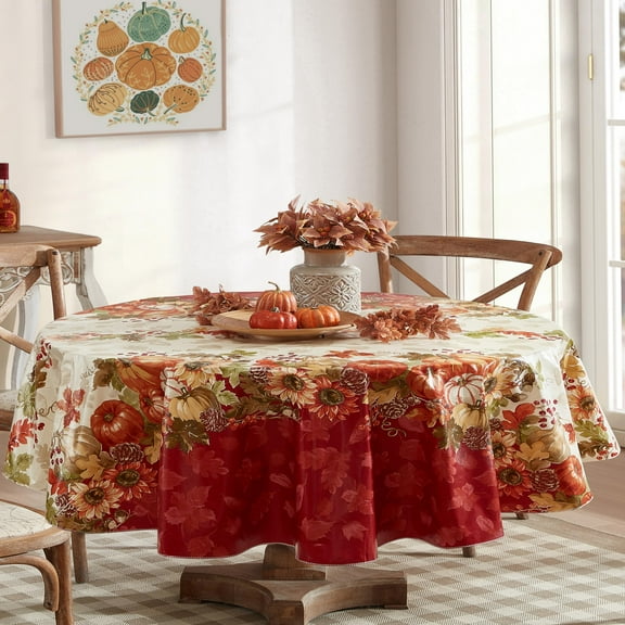 Newbridge Thanksgiving Bountiful Harvest Country Cottage Print Oval Vinyl Tablecloth with Flannel Backing, 60 x 84 Inch, Pumpkin, Sunflower and Leaf Border Design Table Cover for Holiday Dining
