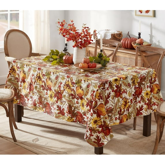 Newbridge Thanksgiving Fall Days Bountiful Harvest Rectangle Vinyl Tablecloth with Flannel Backing, 60 x 84 inch, Autumn Leaves, Sunflowers, Corn, Berries and Pumpkin Holiday Dining Table Cover