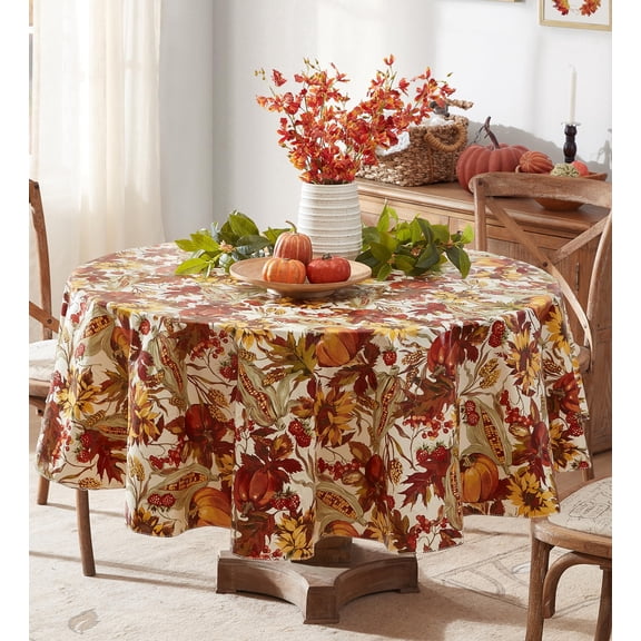 Newbridge Thanksgiving Fall Days Bountiful Harvest Round Vinyl Tablecloth with Flannel Backing, 70 inch, Autumn Leaves, Sunflowers, Corn, Berries and Pumpkin Holiday Dining Table Cover