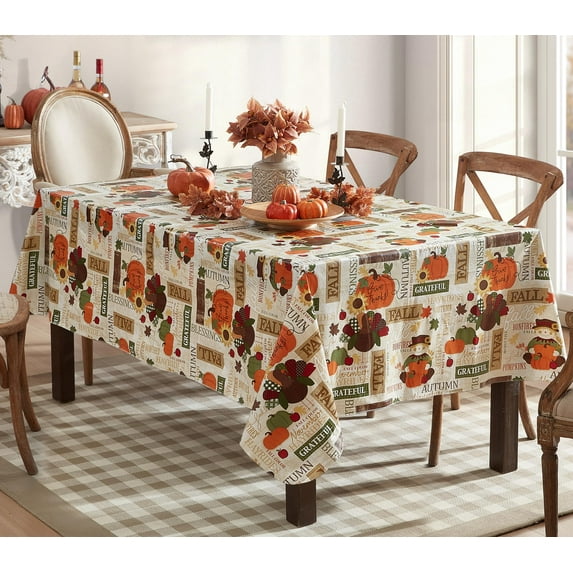 Newbridge Thanksgiving Fall Hayride and Happy Scarecrow Rectangle Vinyl Tablecloth with Flannel Backing, 60 x 84 Inch, Fall Gingham Turkey Rustic Autumn Easy Table Cloth for Holiday Dining