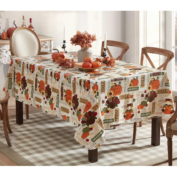 Newbridge Thanksgiving Fall Hayride and Happy Scarecrow Rectangle Vinyl Tablecloth with Flannel Backing, 60 x 84 Inch, Fall Gingham Turkey Rustic Autumn Easy Table Cloth for Holiday Dining