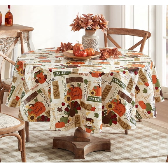 Newbridge Thanksgiving Fall Hayride and Happy Scarecrow Round Vinyl Tablecloth with Flannel Backing, 70 Inch, Fall Gingham Turkey Rustic Autumn Easy Table Cloth for Holiday Dining