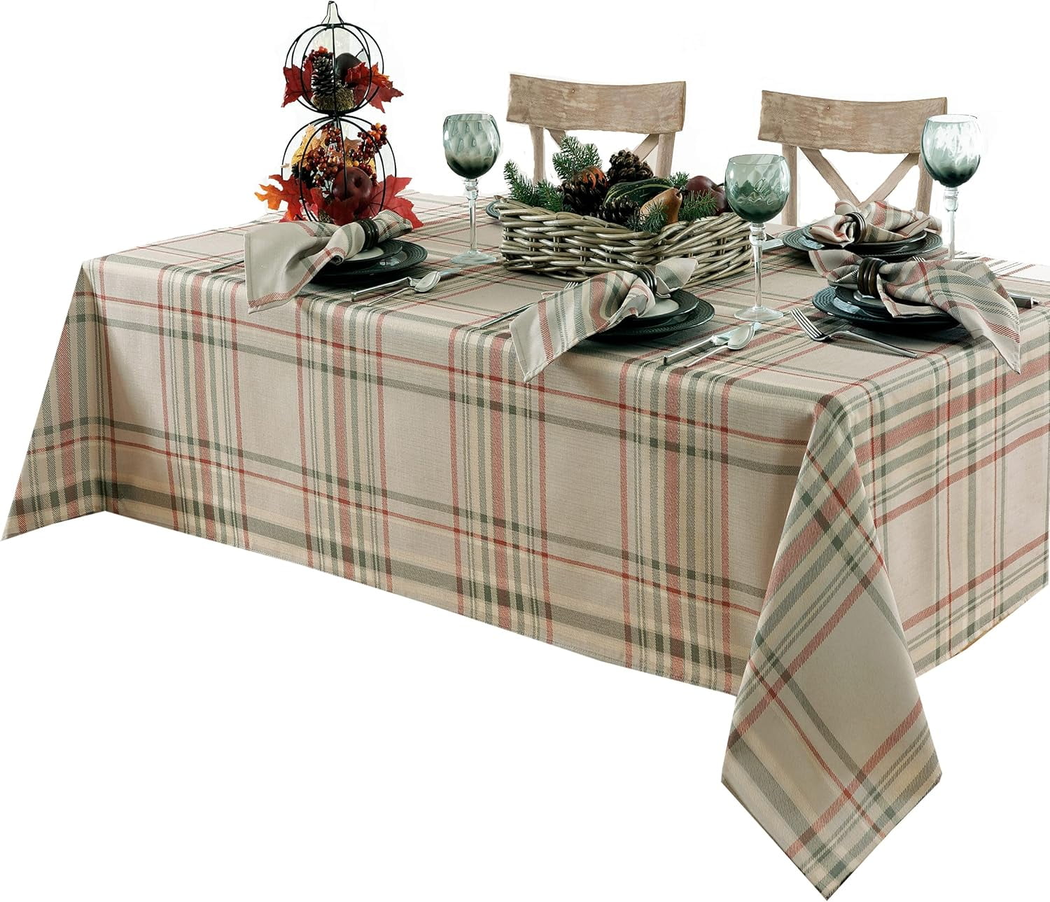 Autumn Plaid Green and Beige Rectangular Fabric Tablecloth, 52 x 70 Inch
