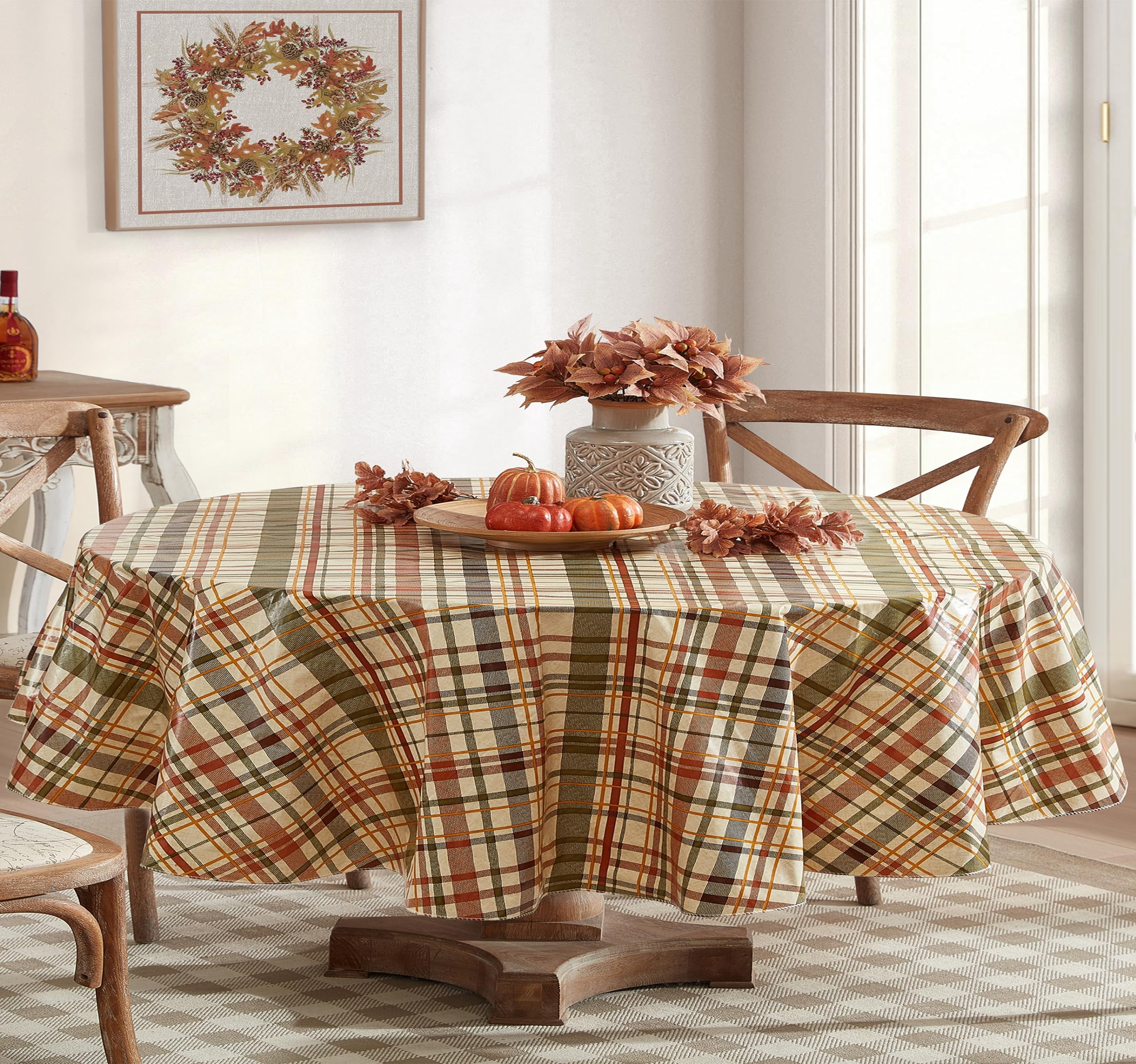 Newbridge Thanksgiving Harvest Farmhouse Diagonal Plaid Oval Vinyl Tablecloth with Flannel Backing, 60 x 84 Inch, Autumn and Fall Earthtone Rustic Plaid Table Cover for Holiday Party Dining