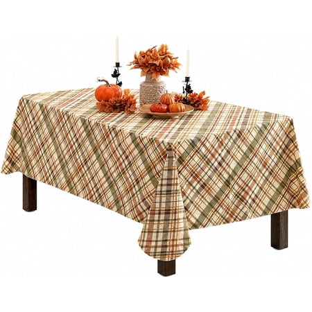 Newbridge Thanksgiving Harvest Farmhouse Diagonal Plaid Rectangle Vinyl Tablecloth with Flannel Backing, 60 x 84 Inch, Autumn and Fall Earthtone Rustic Plaid Table Cover for Holiday Party Dining