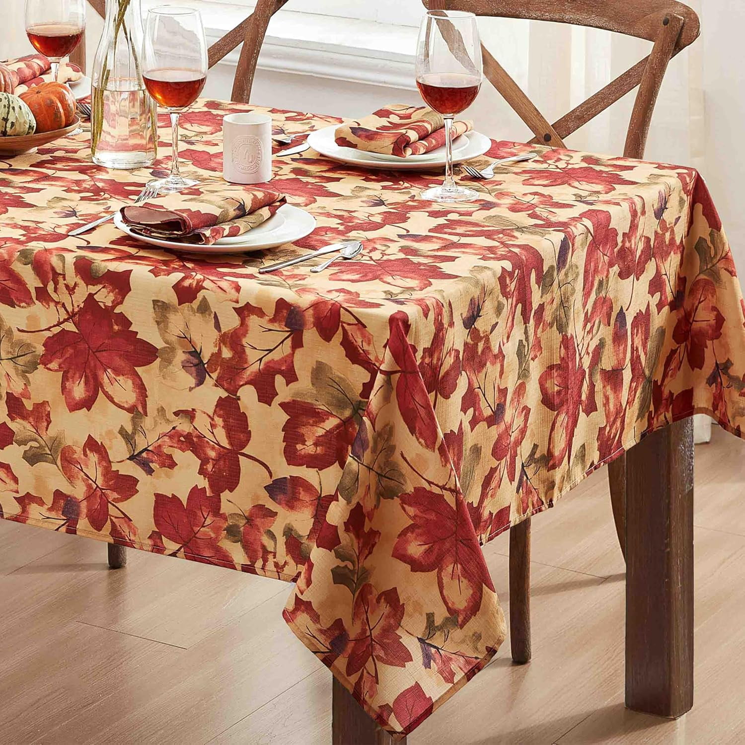 Autumn Leaf Collage Rectangular Beige and Red Fabric Tablecloth