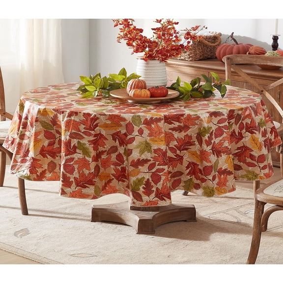 Newbridge Thanksgiving Leaves are Falling Oval Vinyl Tablecloth with Flannel Backing, 60 x 84 Inch, Autumn and Fall Season Contemporary Leaf Print Waterproof Dining Table Cover