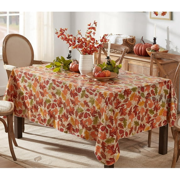 Newbridge Thanksgiving Leaves are Falling Rectangle Vinyl Tablecloth with Flannel Backing, 60 x 84 Inch, Autumn and Fall Season Contemporary Leaf Print Waterproof Dining Table Cover