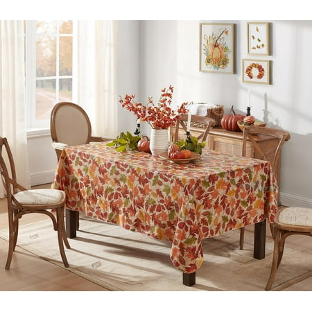 Newbridge Thanksgiving Leaves are Falling Square Vinyl Tablecloth with Flannel Backing, 60 x 102 Inch, Autumn and Fall Season Contemporary Leaf Print Waterproof Dining Table Cover
