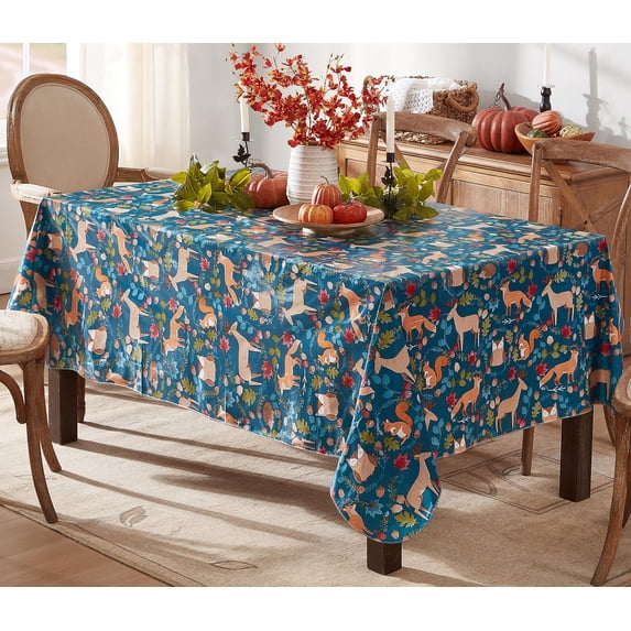 Newbridge Thanksgiving Woodland Critter Autumn and Fall Print Rectangle Vinyl Tablecloth with Flannel Backing, 52 x 52 Inch, Squirrels, Acorns, Deer and Owl Autumn Leaf Wreath Holiday Table Cover