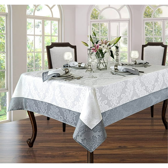 Newbridge Valencia Two Tone Bordered Damask Fabric Tablecloth, Wrinkle and Stain Resistant Fine Dining Holiday Hotel Quality Tablecloth, 52 Inch x 52 Inch Square, White/Silver