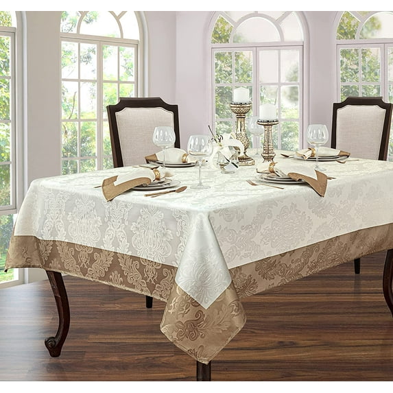 Newbridge Valencia Two Tone Bordered Damask Fabric Tablecloth, Wrinkle and Stain Resistant Fine Dining Holiday Hotel Quality Tablecloth, 52 Inch x 70 Inch Oblong/Rectangle, Antique Ivory/Gold