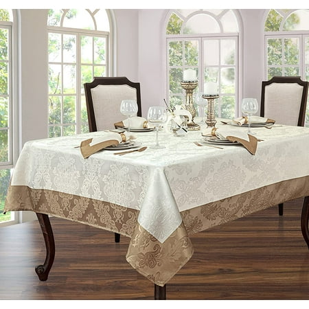 Newbridge Valencia Two Tone Bordered Damask Fabric Tablecloth, Wrinkle and Stain Resistant Fine Dining Holiday Hotel Quality Tablecloth, 60 Inch x 144 Inch Oblong/Rectangle, Antique Ivory/Gold
