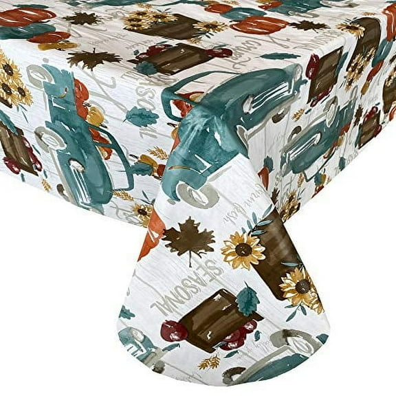 Newbridge Vintage Farm Truck Country Rustic Vinyl Flannel Backed Tablecloth - Farm Fresh Apples, Sunflower and Pumpkin Wipe Clean Easy Care Everyday Tablecloth, 52" x 52" Square