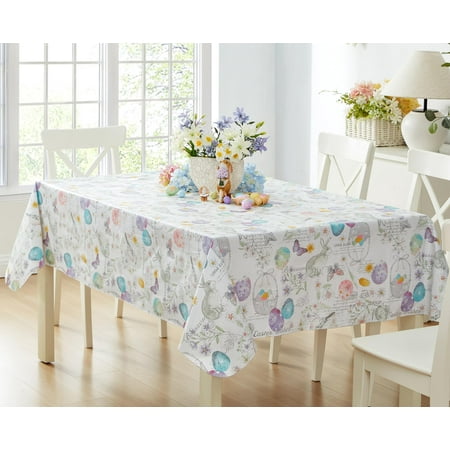 Newbridge Vinyl Rectangle Tablecloth, 60 x 120 Inch, Easter Bunny Blossom Flannel Backed Table Cloth, Easter Egg Basket Floral