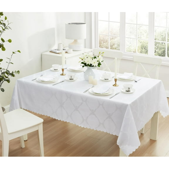 Newbridge White Ribbons and Bows Damask 52 x 70 inch Rectangle Fabric Tablecloth for Party
