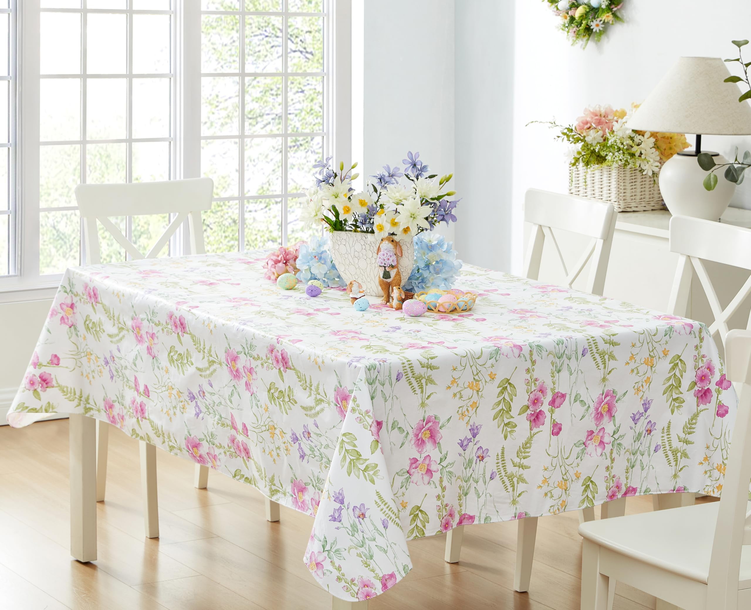 White Lines Black Flannel-Back Vinyl Tablecloth - 60x84 Inch Oval Size, Casual Grid Pattern