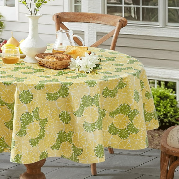 Newbridge Yellow Lemons and Green Limes 70 Inch Vinyl Round Tablecloth with Flannel Backing