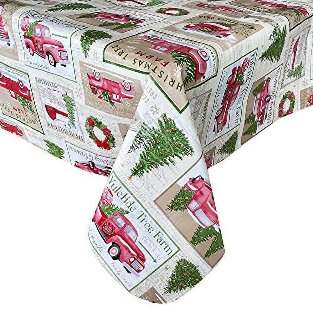 Newbridge Yuletide Christmas Tree Farm Flannel Back Vinyl Christmas Tablecloth Red Metallic