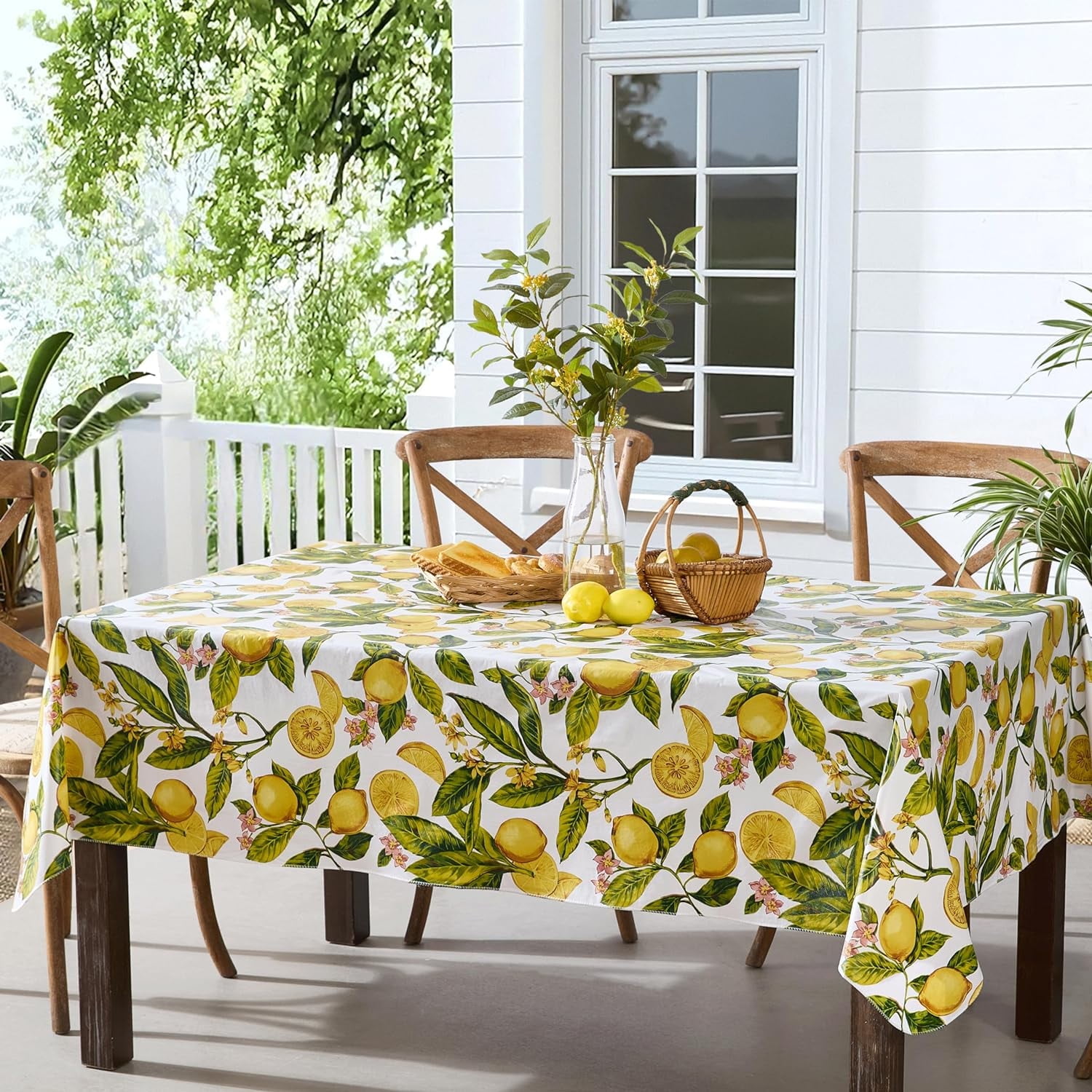 Zesty Yellow Lemon Vine Print Vinyl Rectangular Tablecloth