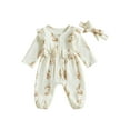 thumbnail image 1 of Newbron Baby Girl Easter Outfit 0 3 6 12 18 Months Carrot Bunny Print Long Sleeve Cotton Linen Jumpsuit Romper with Headband, 1 of 8